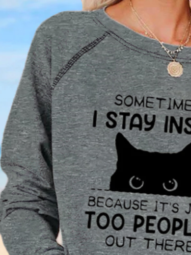 Casual Ladies Loose Knit Sweatshirt Cat Print Graphic Long Sleeve Sweatshirt