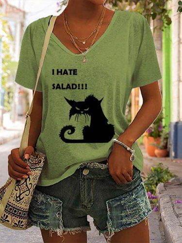 I Hate Salad Cat Print T-Shirt