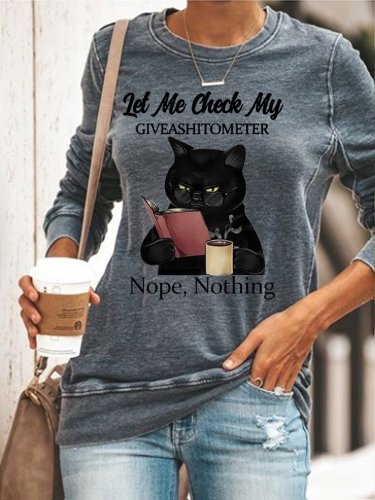 Womens Funny Letter Black Cat Crew Neck Sweatshirts Let Me Check My Giveashitometer Nope Nothing Sweatshirt