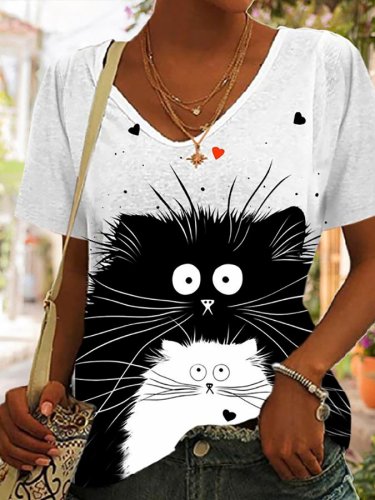 Cat Print Short Sleeve Casual T-Shirt