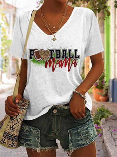 Women's Football Mama Print V Neck T-shirt