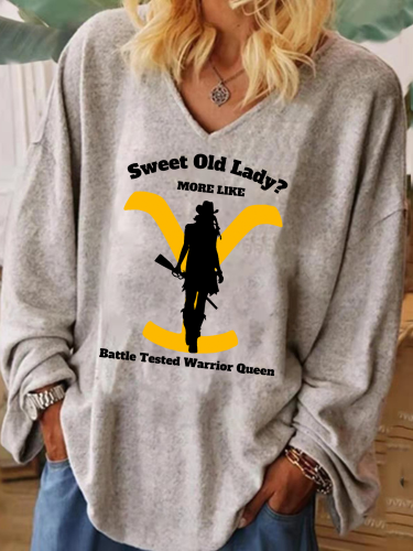Sweet Old  Lady More Like Battle Tested Warrior Queen V Neck Wide Cuff  Women Tunic Knit Shirt