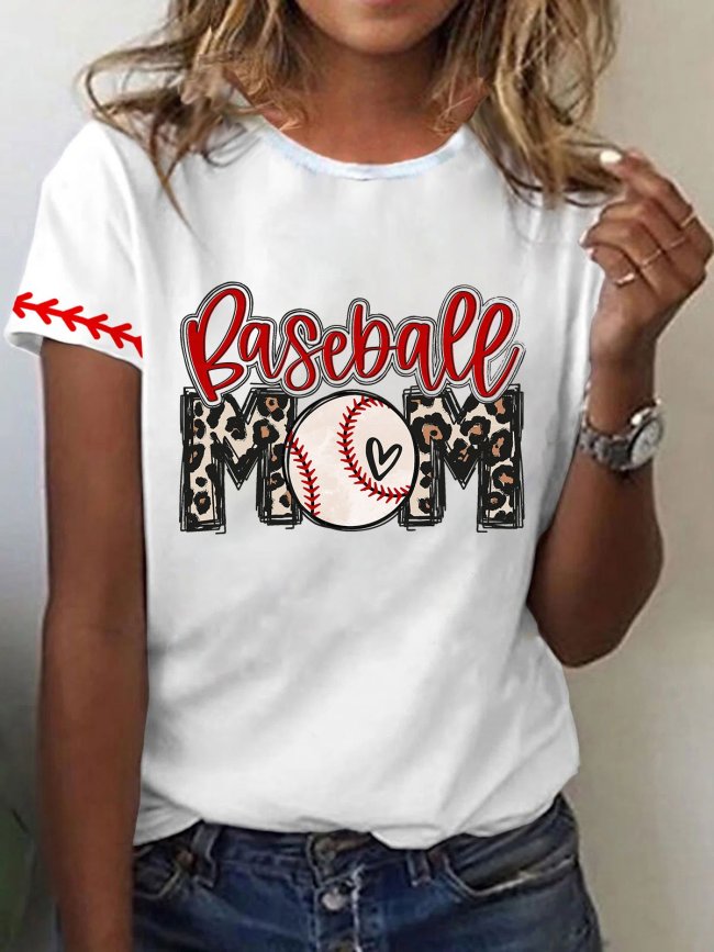 Women's Baseball Heart Round Neck Loose Casual T-Shirt