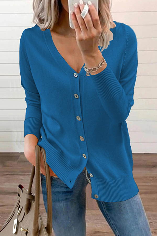 Solid Button V Neck Long Sleeve Lightweight Cardigan