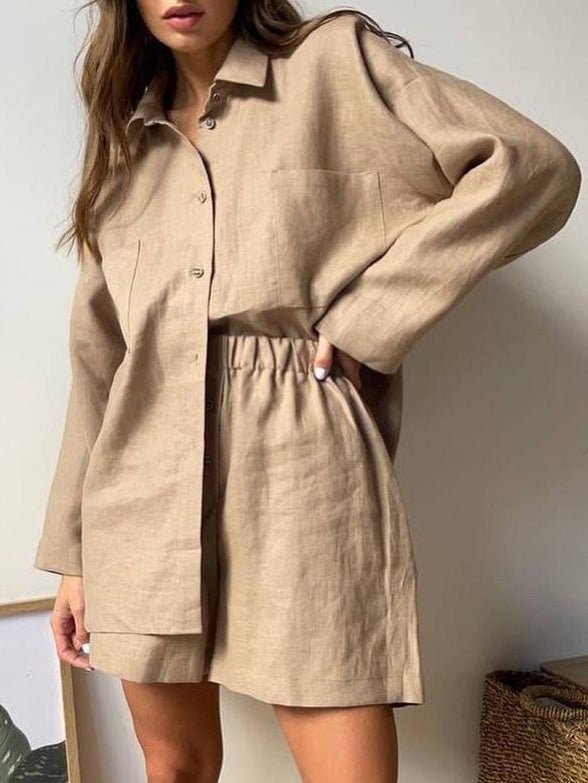 Women's Sets Loose Solid Long Sleeve Shirt & Shorts Two-Piece Set