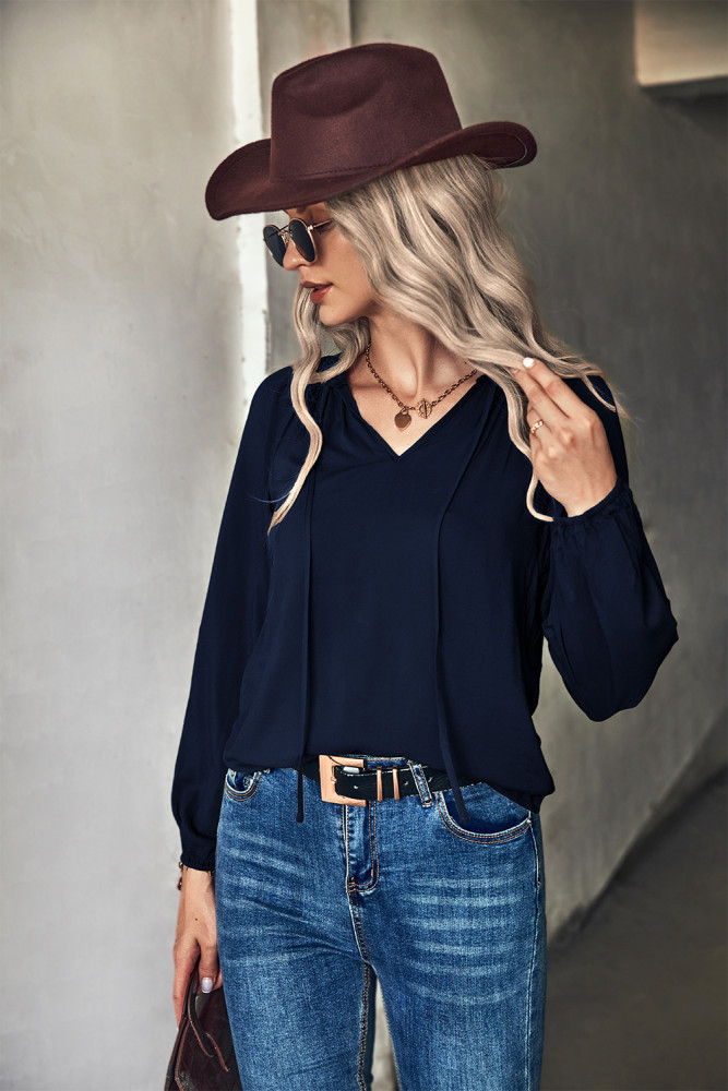 Women's Casual Blouse Solid Color V Neck Loose Blouse Top