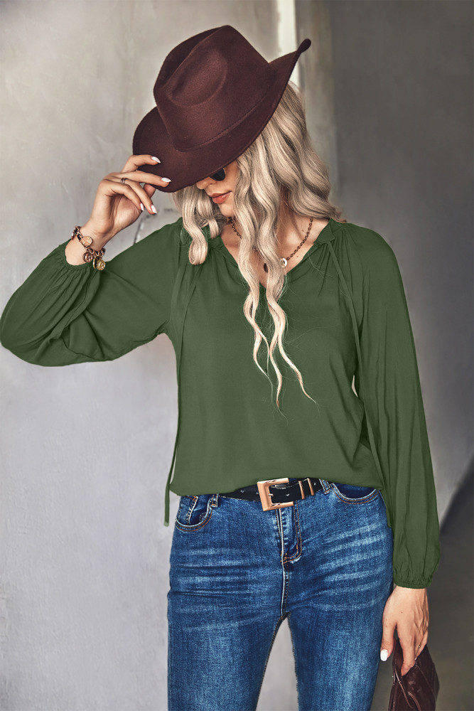 Women's Casual Blouse Solid Color V Neck Loose Blouse Top