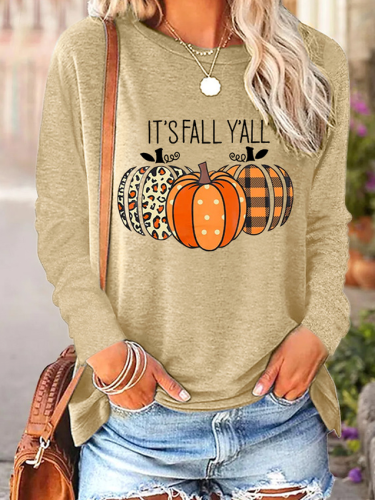 It's Fall Y'all Shirts Women Halloween Leopard Pumpkin Crew Neck Halloween Tops