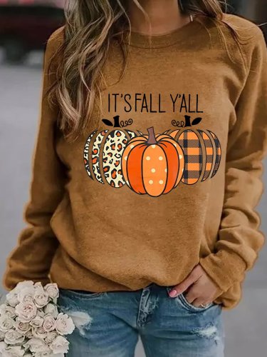 It's Fall Y'all Shirts Women Halloween Leopard Pumpkin Halloween Regular Fit Simple Sweatshirts