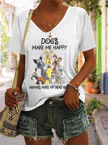 Women's Dogs Make Me Happy Humans Make My Head Hurt Print Casual T-Shirt