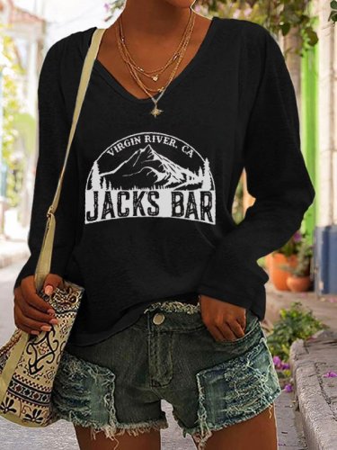 Women's River Bar Print Casual Long Sleeve V-Neck T-Shirt