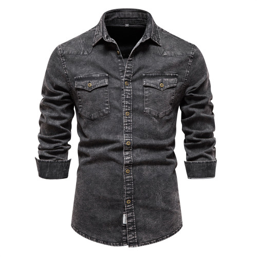 Men Vintage Denim Non-iron Shirt Jacket Vintage Washed Causal Wearing Long Sleeve Denim Shirt Ture US Size  Denim Shirt Jacket