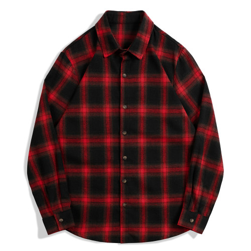 Men's Vintage Dyed Red & Black Plaid Long Sleeve Shirt  Red & Black Color Plaid Causal Work Wear Long Sleeve Plaid Shirt