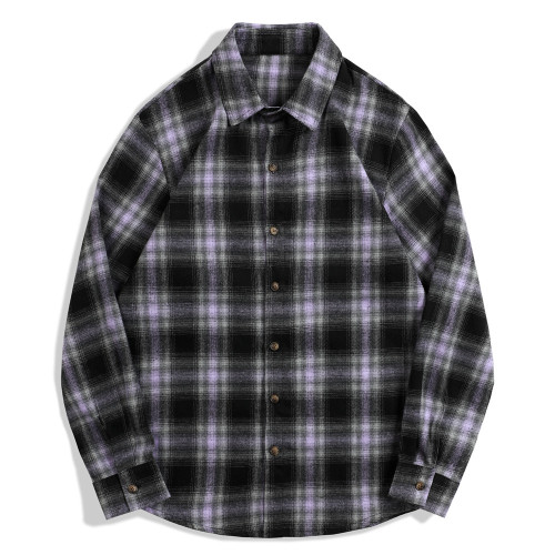 Men's Vintage Dyed Grey & Black Plaid Long Sleeve Shirt  Grey & Black Color Plaid Causal Work Wear Long Sleeve Plaid Shirt