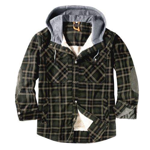 Men's Hooded Plaid Coat Jacket Green Plaid Quilted Sleeves Jacket  Men's Coat Fleece Lined Plush Large Winter Warm Cotton Jacket