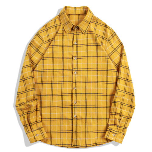 Men's Vintage Dyed Yellow Plaid Long Sleeve Shirt  Yellow Color Plaid Causal Work Wear Long Sleeve Plaid Shirt