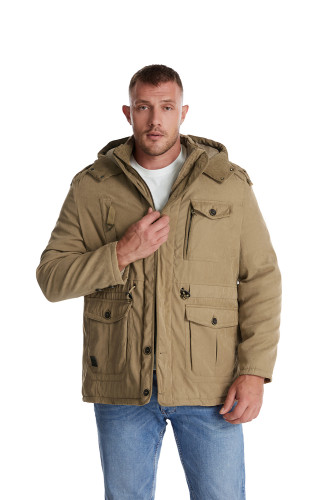 Men's Utility Lam Lined Hooded Cotton Jacket Thickened Multi-pocket Khaki Cream Color Coat  Outdoor Work Wear Big Size For Warm Winter