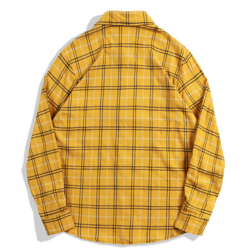 Men's Vintage Dyed Yellow Plaid Long Sleeve Shirt  Yellow Color Plaid Causal Work Wear Long Sleeve Plaid Shirt