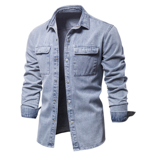 Men Vintage Washed Denim Jacket Causal Wearing Long Sleeve Denim Shirt Ture US Size  Denim Shirt Jacket