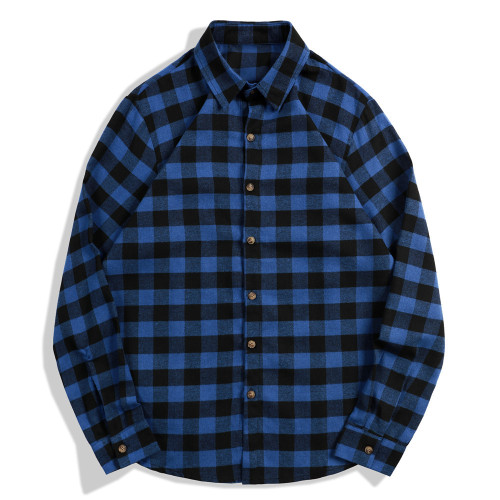 Men's Vintage Dyed Dark Blue Plaid Long Sleeve Shirt  Dark Blue Plaid Causal Work Wear Long Sleeve Plaid Shirt