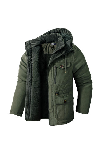 Men's Utility Lam Lined Hooded Cotton Jacket Thickened Multi-pocket Army Green Color Coat  Outdoor Work Wear Big Size For Warm Winter