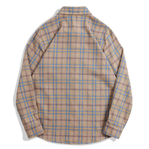 Men's Vintage Dyed Khaki Plaid Long Sleeve Shirt   Khaki Color Plaid Causal Work Wear Long Sleeve Plaid Shirt