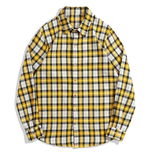 Men's Vintage Dyed  Yellow & Grey Plaid Long Sleeve Shirt  Yellow & Grey Color Plaid Causal Work Wear Long Sleeve Plaid Shirt