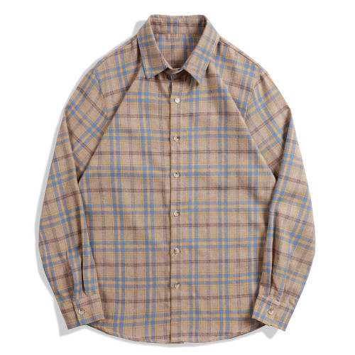 Men's Vintage Dyed Khaki Plaid Long Sleeve Shirt   Khaki Color Plaid Causal Work Wear Long Sleeve Plaid Shirt