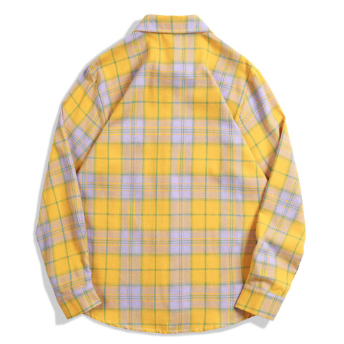 Men's Vintage Dyed Plaid Long Sleeve Shirt  Yellow Color Plaid Causal Work Wear  Long Sleeve Plaid Shirt