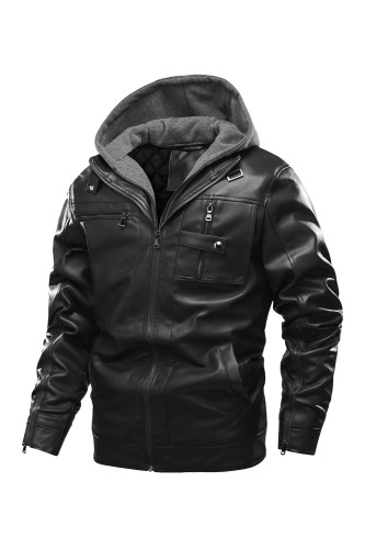Men's Bomber Zipper Leather Removable Hooded  Bomber Faux Leather Jacket  Utility Motorcycle Outdoor Work Warm Winter Coat