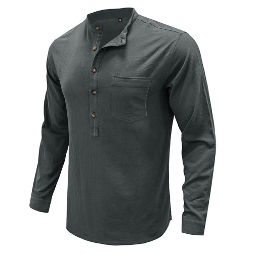 Men Cotton Linen Shirt Long Sleeve Small Stand Collar  Men's Henley Collar Loose Linen Shirt With Black,Grey,Army Green,White,Light Blue,Dark Blue Color