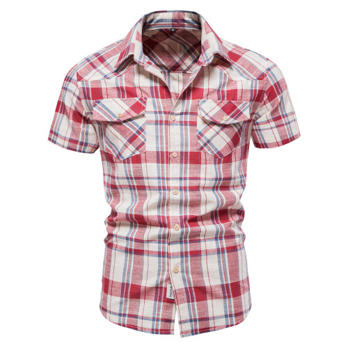 Men Plaid Shirt With Pocket Regular Fit Soft Cotton Spread Collar Short Sleeve Plaid Button Down Plaid Shirt