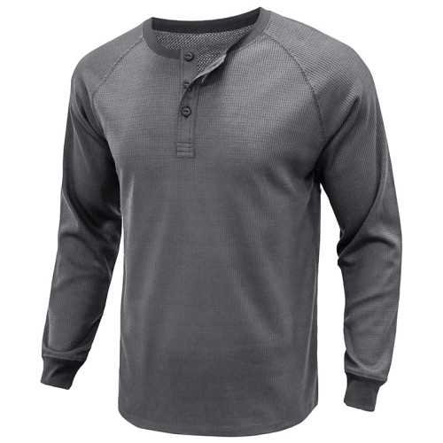 Men's Long-Sleeved Waffle Bottoming Henley Shirt  Tough Men Wear Solid Color Khaki & 6 More Colors