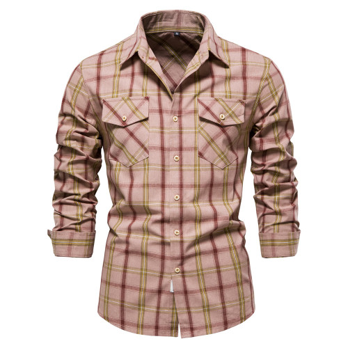 Men Plaid Shirt With Pocket Regular Fit Soft Cotton Spread Collar Long Sleeve Plaid Button Down Plaid Shirt