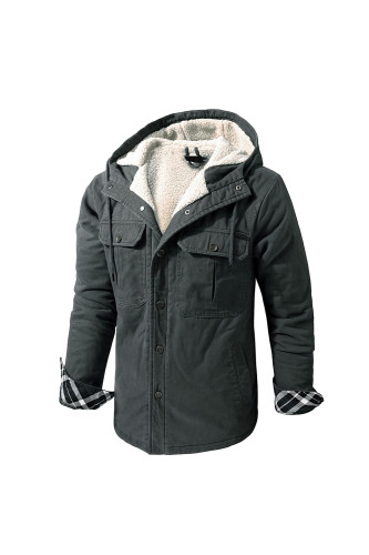 Men's Hooded Solid Thicken Outdoor Work Utility Coat Jacket Grey Solid Color Big Size With Snap Closure  Men's Coat Fleece Lined Large Size Winter Warm Cotton Jacket