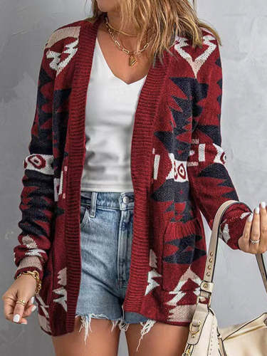Women Geometric Aztec Print Wine Red LongSleeve Sweater With Pocketed Geometric Print Sweater Cardigan