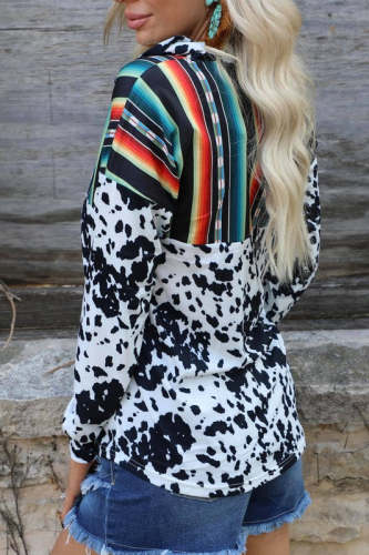 Women Cow Print Serape Half Zip Sweatshirt White & Black Color LongSleeve Cow Print Western Shirt