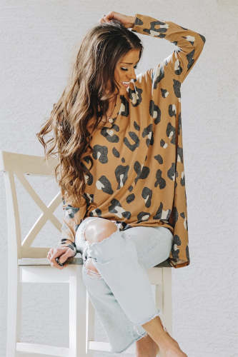 Women Leopard Print Tunic Long Sleeve Shirt V Neck Bat Sleeves Loose Fit Western Fashion Shirt | 3 colors