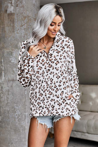 Women Fall/Winter Leopard  Print Warm Quarter Zip Leopard Long Sleeve Sweatshirt 3 Colors