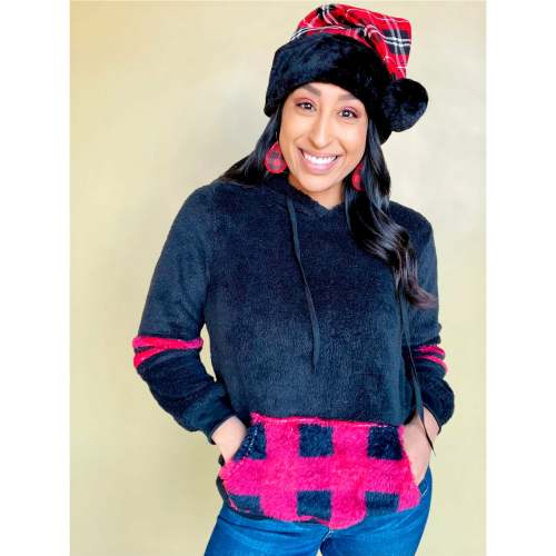Women Red Plaid  Black Sherpa Hoodie with Kangaroo Pockets Fall Winter Outfit Jacket Hoodie
