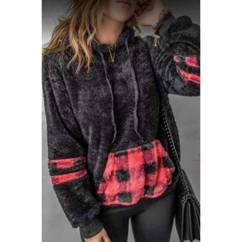 Women Red Plaid  Black Sherpa Hoodie with Kangaroo Pockets Fall Winter Outfit Jacket Hoodie