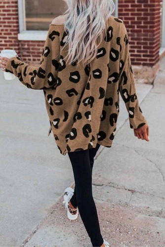 Women Oversize Crewneck Brown Color Leopard Print Bat Sleeve Sweatshirt Western Shirt