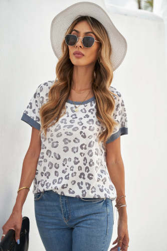 Women Trim Leopard Print Short Sleeve Tee Western Leopard Shirts