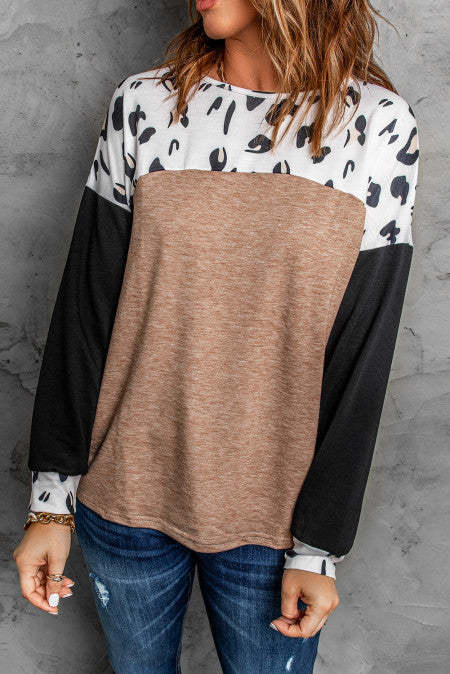 Women Leopard Colorblock Long Sleeve Top Fall Winter Outfit Western Cheetah Shirt