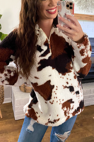 Women's White and Brown Color Cow Print Jacket Shirt Sherpa Zipper Collar Shaket Fall Winter Jacket