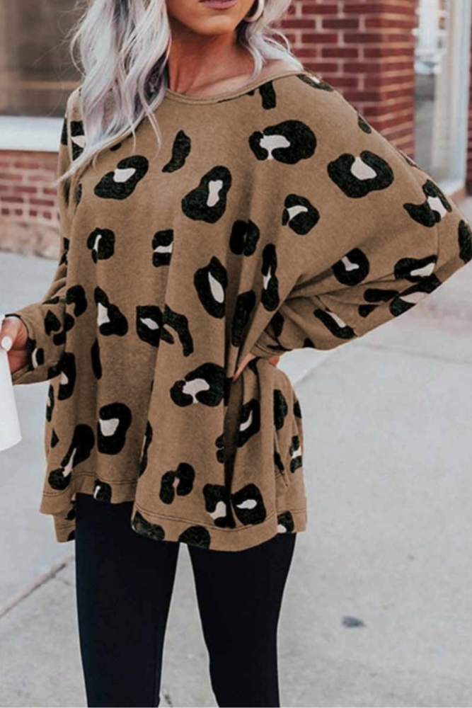 Women Oversize Crewneck Brown Color Leopard Print Bat Sleeve Sweatshirt Western Shirt