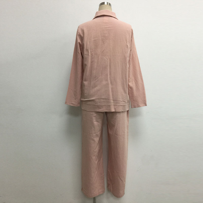 Cotton Blended Casual Down Lapel Long Sleeve Shirt & Long Pant Suits Two-Piece Suit