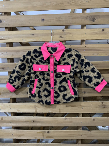 Little Girl Leopard Shacket Relex Fit  Neon Pink Fleence Button Down Pocket Jacket For Kid Matching Mom & Daughter Outfit Shacket