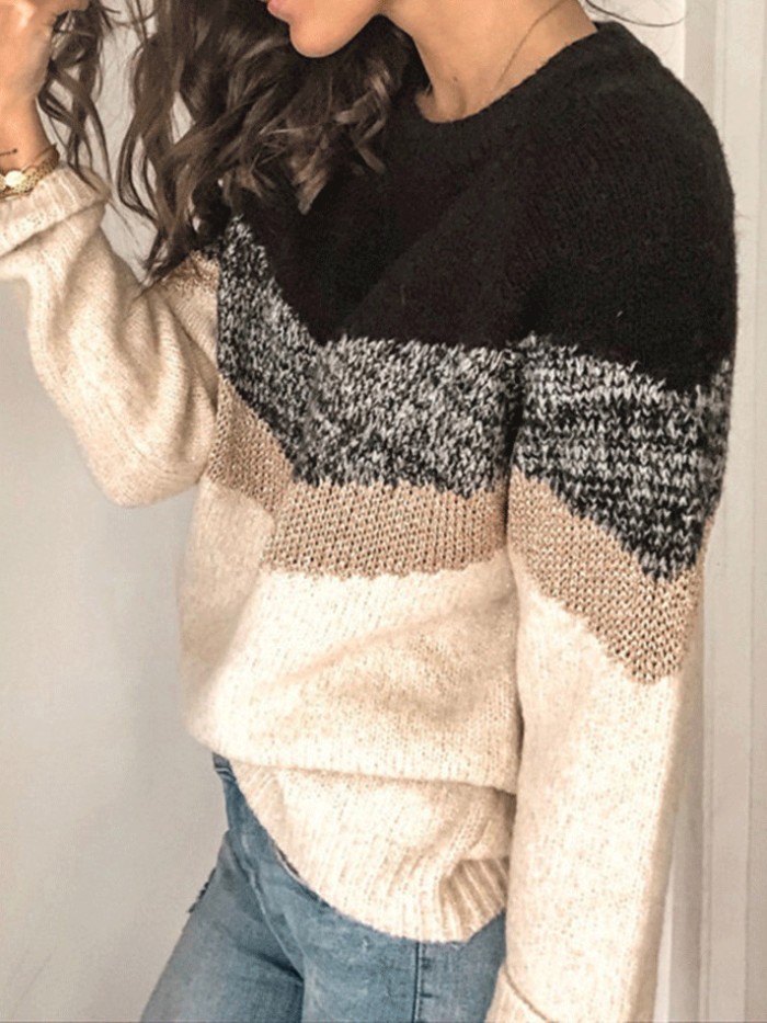 Women's Sweaters Contrasting Color Pullover Round Neck Long Sleeve Sweater