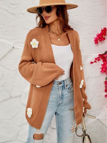 Women's Sweater Cardigan Daisy Oversized Open Front 3D Knit Daisies Cardigan
